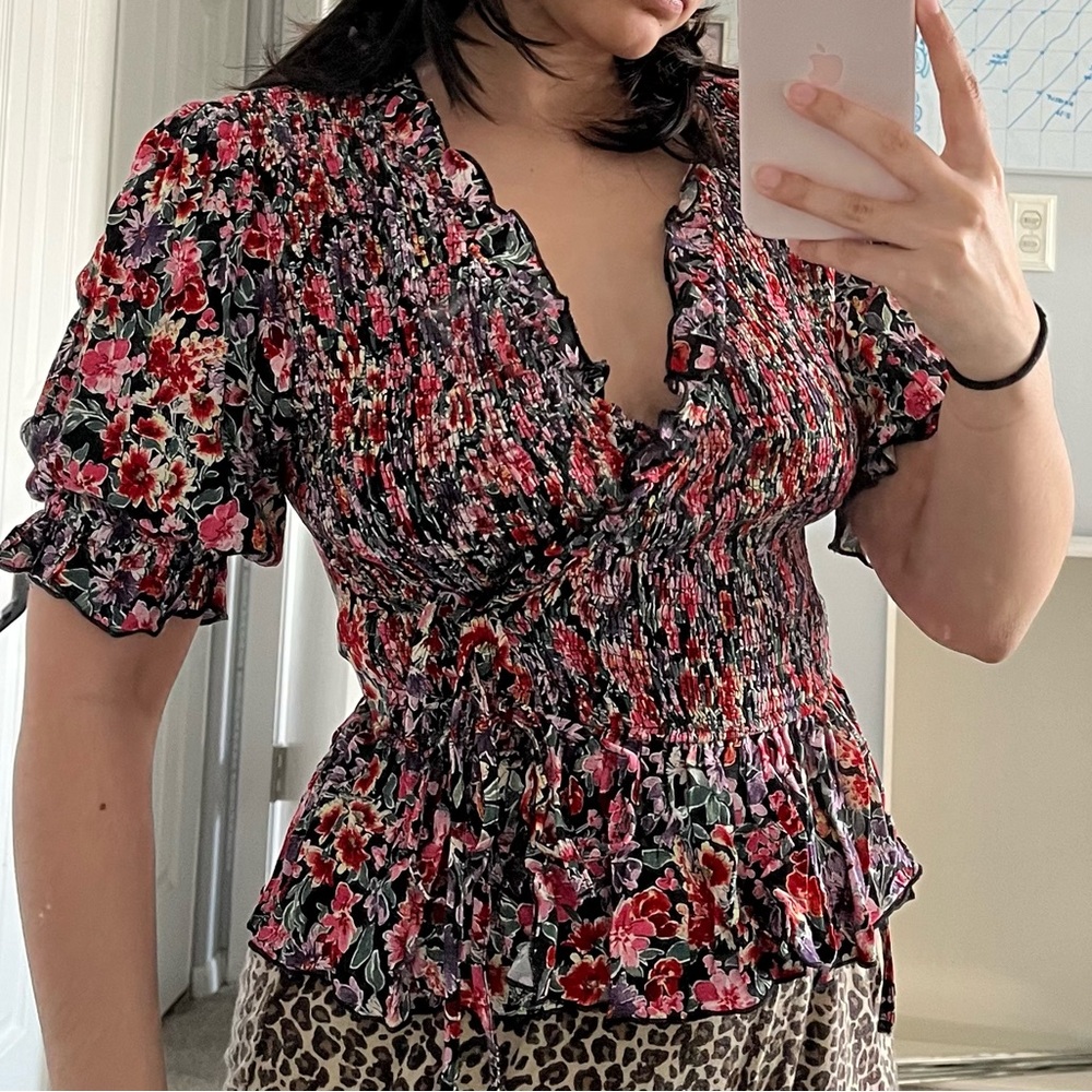 Topshop Black Floral Smocked Peplum Blouse